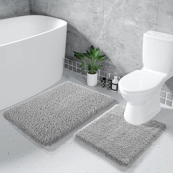 Yimobra U Shaped Toilet Bath Rug, Fluffy Plush, Super Shaggy Soft Non Slip, Water Absorbent Microfiber Bath Mat, Dries Quickly, Machine Washable Thick Bathroom Rugs, 20"x 24", Pure Gray