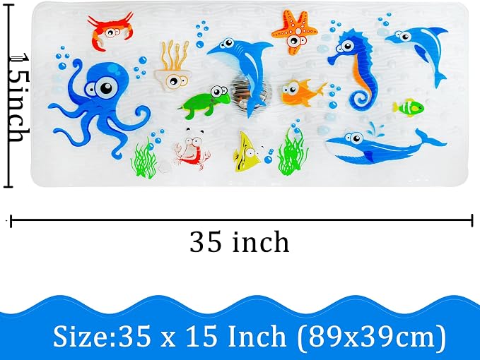 BEEHOMEE Bath Mats for Tub Kids,Baby Toddler - Large Cartoon Non-Slip Bathroom Bathtub Anti-Slip Shower Mats for Floor 35x15,Machine Washable XL Size Bathroom Mats (Blue-Octopus)