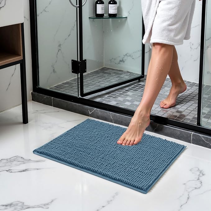 SUBRTEX Bathroom Rugs Chenille Bath Rug Soft Short Plush Bath Mat Soft Shower Mat Water Absorbent Shower Mat Quick Dry Machine Washable(Stone Blue,18" x 24")