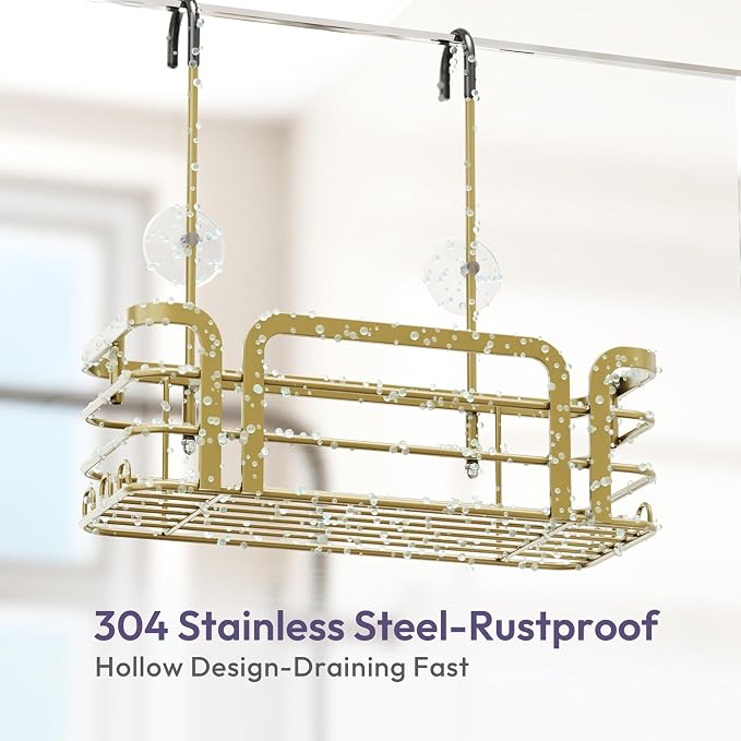 SWTYMIKI Shower Caddy Hanging Organizer - Over the Door Shower Caddy with 6 Hooks, 2 Installation Ways, Stainless Steel Rustproof Bathroom Organizer, Gold Small