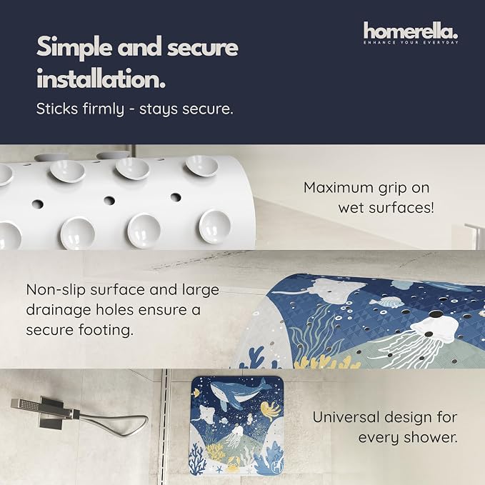 homerella® Shower Mat Non Slip Anti Mold, Non Slip Shower Mats for Inside Shower Stall Anti Slip Mat, Square Shower Floor Mat 21 x 21 in with Suction Cups & Hooks for Quick Drying, Machine Washable