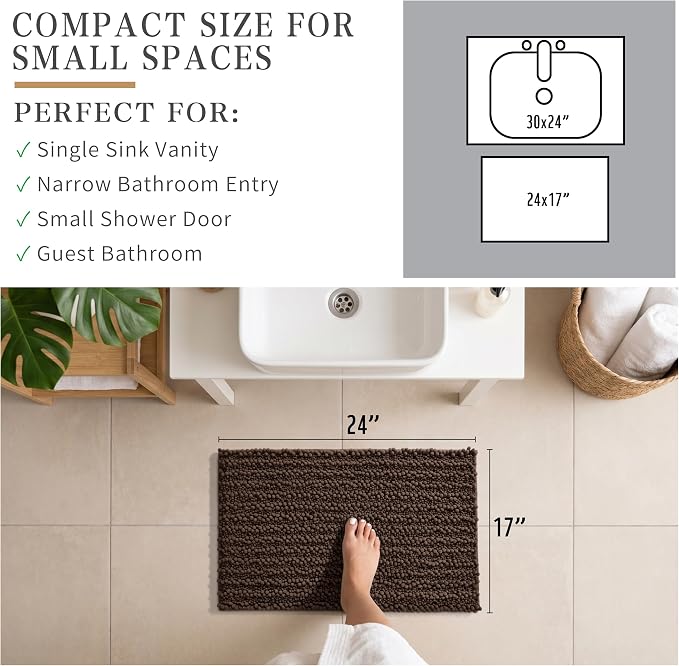 Yimobra Bathroom Rugs Non Slip Washable - Ultra Soft Absorbent Chenille Bath Mat, Quick Dry Shaggy Floor Carpet for Tub Shower, Brown Home Decor Accessories, 24x17 Inch