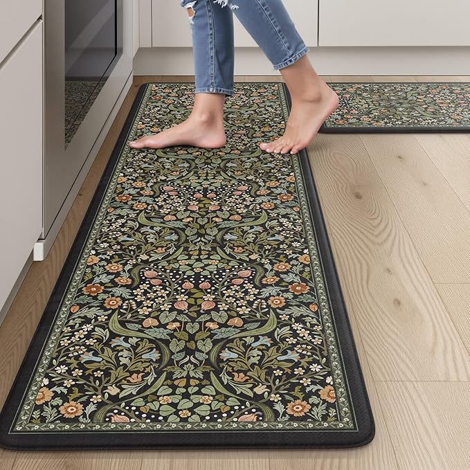 Collive Anti Fatigue Mats for Kitchen Floor, Cushioned Comfort Kitchen Rugs Sets of 2 Waterproof Non Skid Padded Sink Rugs, Boho Floral Rug Black Standing Mat for Office, Laundry