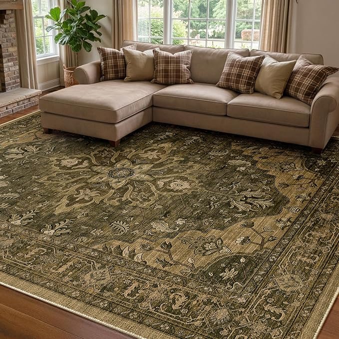 RELEANY Area Rugs 7'x10' Washable Non-Slip, Floral Vintage Distress Medallion Carpet for Living Room Bedroom Dining Room, Brown Dark Brown