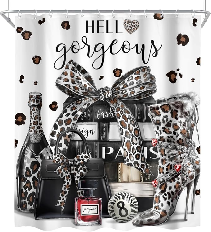 4Pcs White Black Leopard Shower Curtain Set,Cheetah Fashion Luxury Magazine Books Perfume High Heels Bathroom Curtain with Rug, Toilet Lid Cover, Bath Mat,Girls Shower Curtain with 12 Hooks