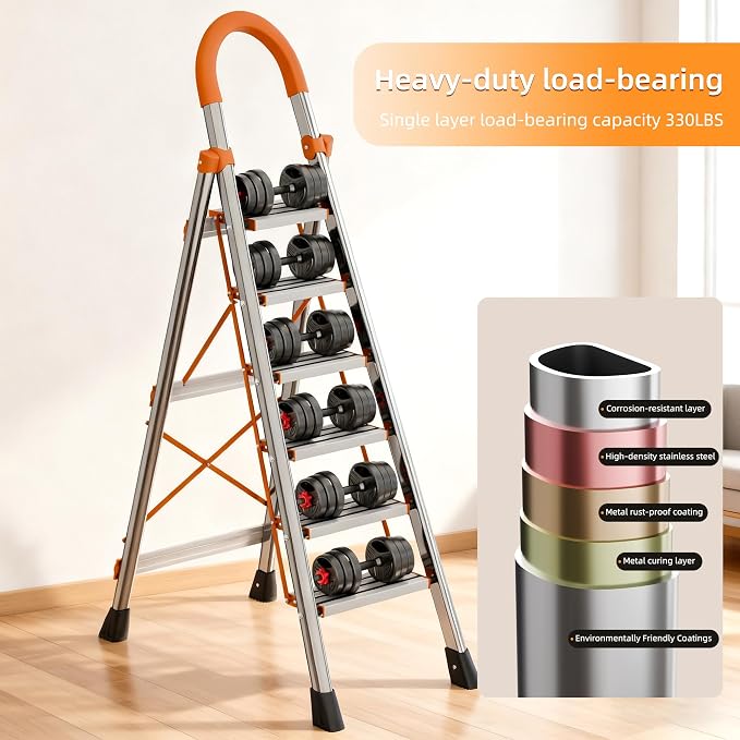 7 Step Folding Ladder, Portable Sturdy Steel Ladder, Heavy-Duty Step Stool with Anti-Slip Pedal and Handrails for Home & Kitchen Use