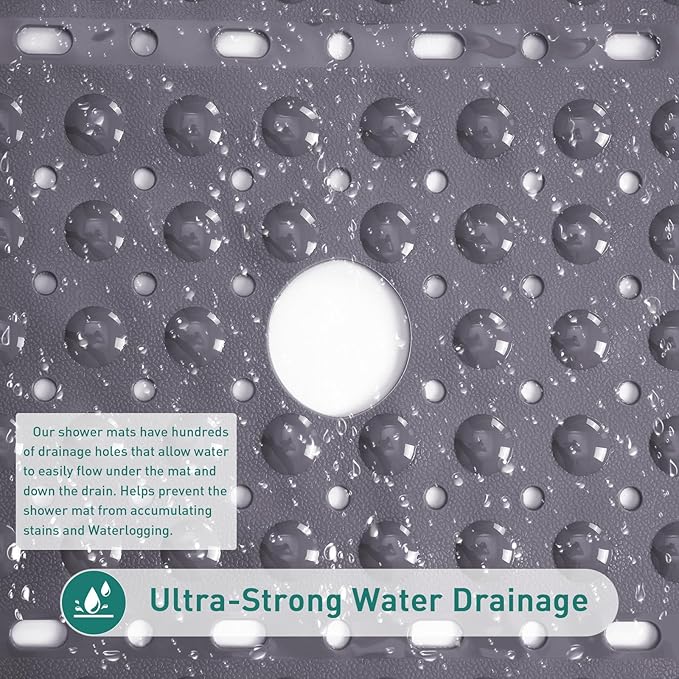 Large Square Shower Mat 27 x 27 Inch Gray, Non Slip Shower Bathtub Mats for Inside Shower with Big Suction Cups Drain Holes, Anti Slip Bathroom Floor Shower Stall Mats, Easy Clean, BPA-Free