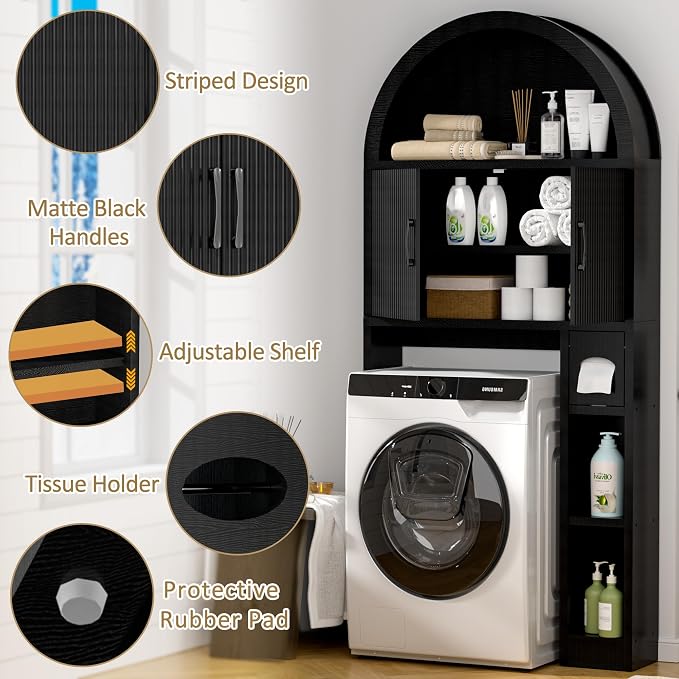 Spurgehom Over The Toilet Storage Cabinet, Bathroom Shelf Organizer Freestanding, Bathroom Arch Cabinet Over Toilet with Toilet Paper Holder and Anti-Tipping Device, Black