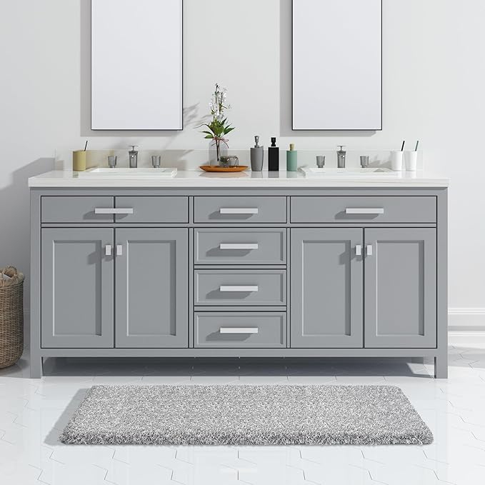Yimobra Long Bathroom Rug 47" X 24", Super Absorbent Bath Mat, Quick Dry, Luxury Non-Slip Bath Rugs for Tub Side, Double Sink Vanity, Machine Washable, Home Decor Accessories, Light Gray and White
