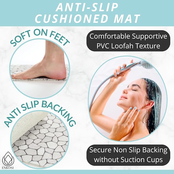 ENKOSI Loofah Non-Slip Shower and Bath Mat - Soft Cushioned Comfort - No Suction Cups for Smooth or Textured Tubs - Fast Draining - Safety for Bathroom, Family, Kids, and Elderly (24x16 Pebble)