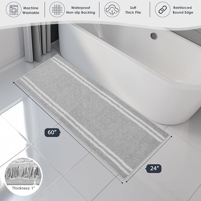 PURRUGS Bathroom Rug Non-Slip Machine Washable 24" x 60", Super Absorbent and Quick Dry Shaggy Microfiber Bath Mat, Extra Soft and Plush Bath Rug for Bathtub, Shower, and Sink, Light Grey