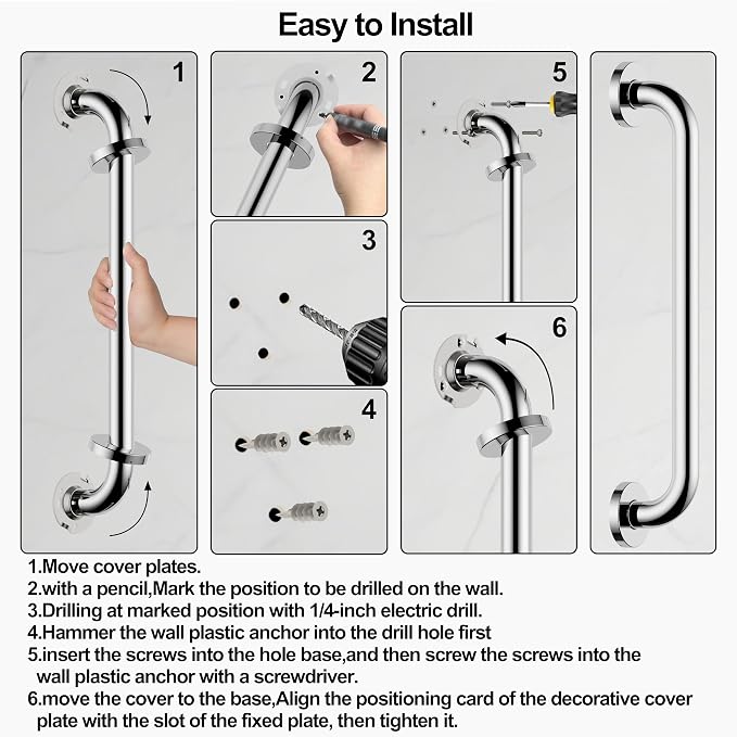 16 Inch Grab Bar 304 Stainless Steel Anti-Slip Bathroom Safety Handrail Wall Mount Assist Grip for Elderly Handicap Bathtub Shower Toilet,GB-4023-CP, Polished Chrome