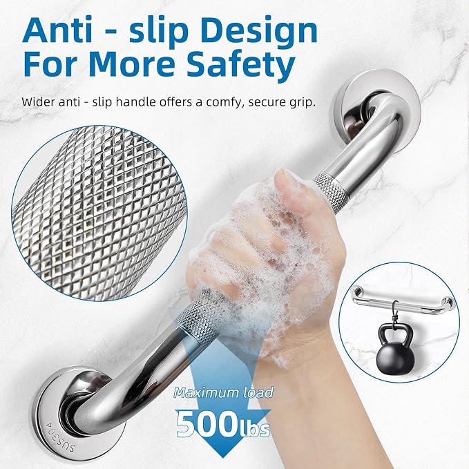 Grab Bars for Shower, Zynuhmo 2 Pack 12 Inch Anti Slip Stainless Steel Bathroom Safety Shower Grab Bar Handrails for Handicap Injury Pregnant Senior Assist Shower Handles(Polished Nickel, 1" Diameter)