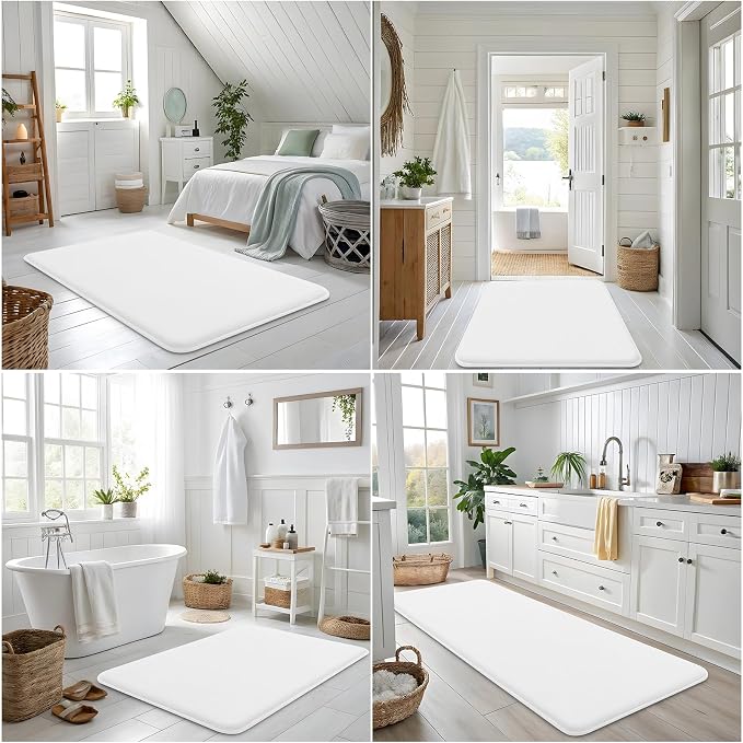 Smiry Memory Foam Bath Mat 70x24, Extra Soft and Absorbent Bathroom Mats, Non Slip Washable Carpet for Floor, Shower and Tub, White