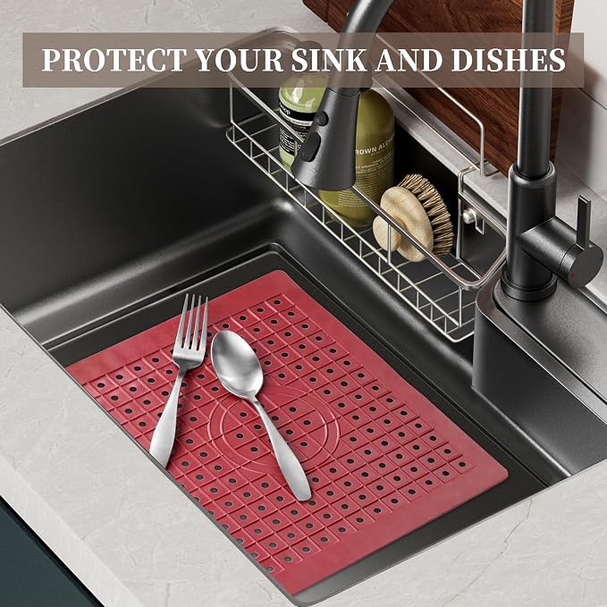 WILLKOMMEN Kitchen Sink Mat, 12" x 10" Rectangular Sink Protector Pad, Fast-Draining Grid Design Liner, Dish Drying Mat 2 Pack Red