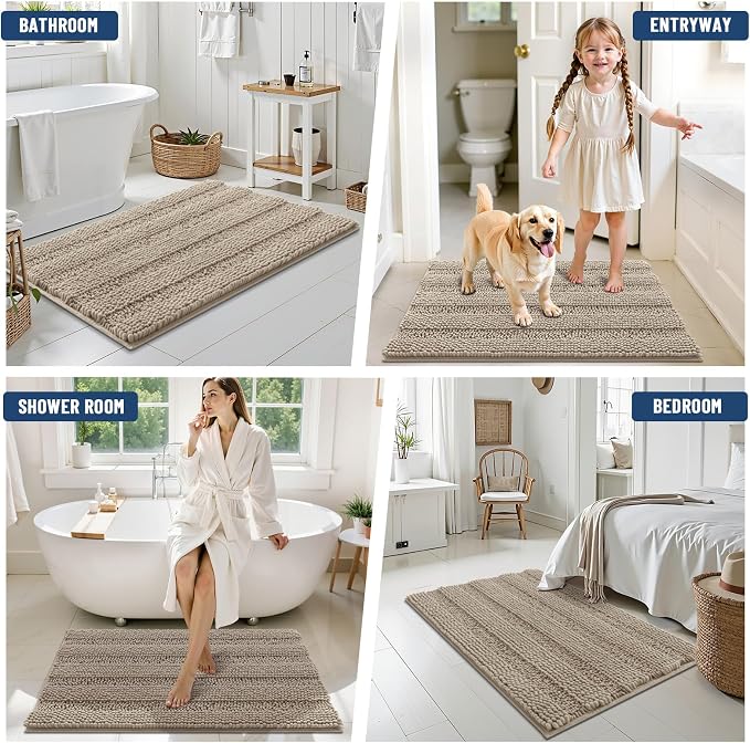Grandaily Chenille Striped Bathroom Rugs 44x24, Extra Thick and Soft Absorbent Bath Mats, Rubber Backing, Plush Shaggy Shower Carpet, Machine Wash Dry, Bath Rug for Bathroom, Warm Taupe