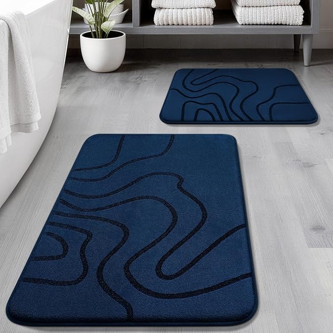 YIHOUSE Memory Foam Bathroom Rugs Sets 2 Piece - Extra Thick Ultra Soft Absorbent Bath Mat Set, Non-Slip Machine Washable Bath Rugs for Bathroom, Tub & Shower, Home Decor (32"x20"+24"x17", Dark Blue)