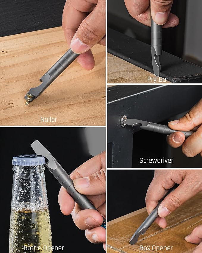TISUR Titanium EDC Pry Bar, Keychain Prybar Multitool With Beer Bottle Opener, 6 in 1 Portable Pocket Mini Crowbar Tool (Gray)
