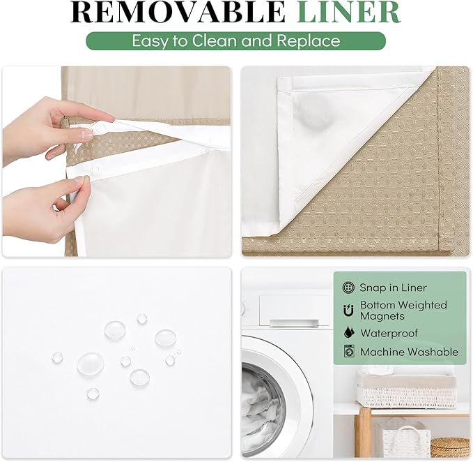 Dynamene 78 Inch Long Shower Curtain, Tall Waffle Fabric Shower Curtains for Bathroom, Hotel Waterproof Cloth Shower Curtain Liner Set with Hooks, Snap in Liner, Mesh Top Window, Beige, 72x78