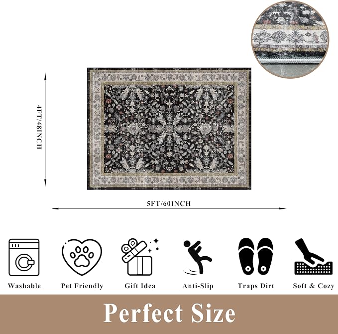 4x5 Kitchen Rug Washable Non-Slip – Soft Low Pile Indoor Carpet for Entryway Bathroom Living Room Bedroom – Boho Floral Small Throw Area Rug (Black,4x5)