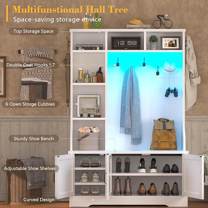 CSZZD White Hall Tree with Bench and Shoe Storage, Entryway Bench with Coat Racks and Led Lights, Farmhouse Tall Hall Tree with 7 Coat Hooks, 6 Storage Cubbies, Adjustable Shelf