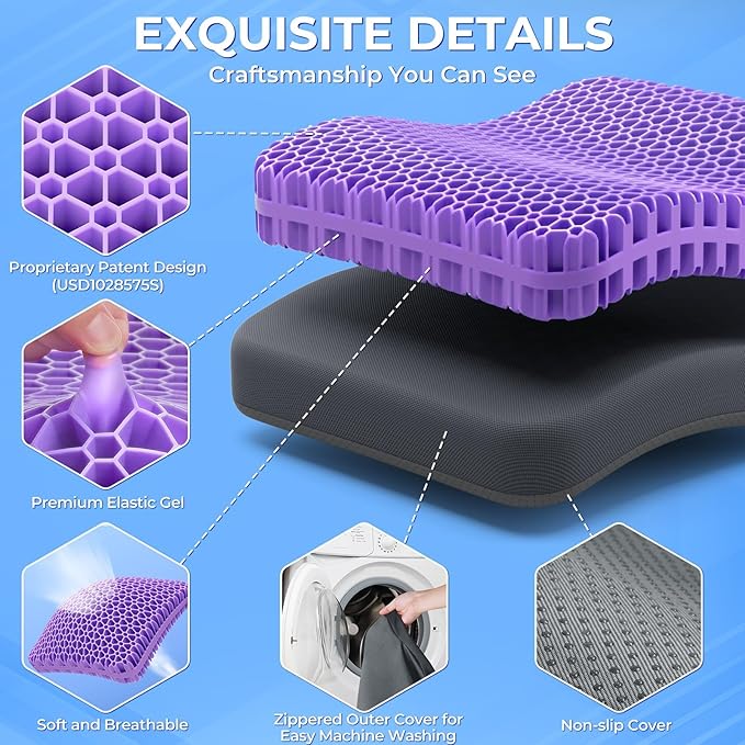 TushGuard Gel Seat Cushion for Long Sitting, Enlarged & Thickened Patent Design, Breathable Cooling for Office Chair, Soft Car Seat Cushion for Wheelchair (2.2" Thick, Black)