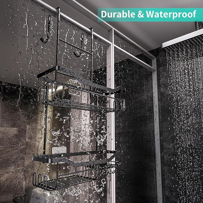 HapiRm Hanging Shower Caddy Over the Door with Soap Holder, No Drilling Adhesive Shower Organizer with 11 Hooks, Rustproof & Waterproof 304 Stainless Steel Bathroom Shelves - Black