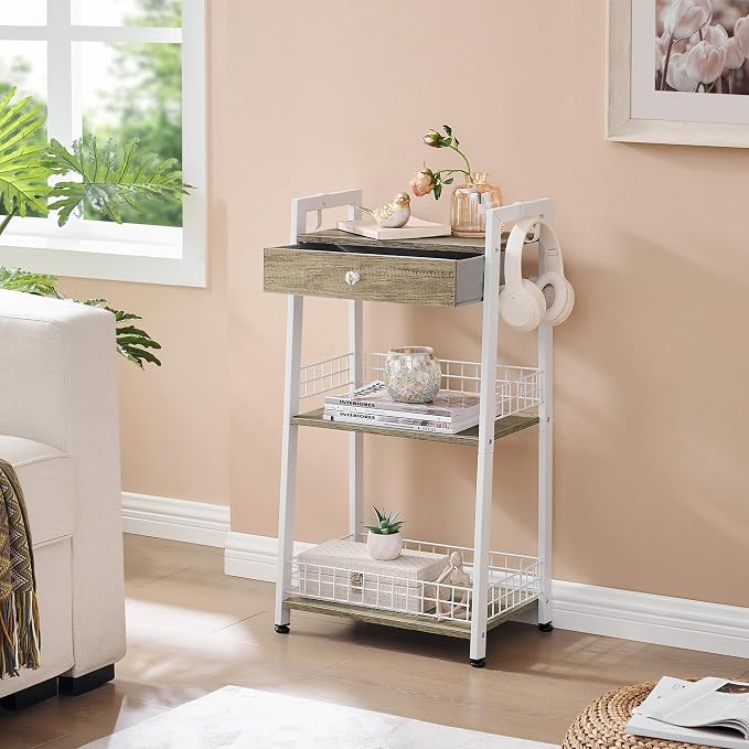 Gewudraw 3-Tier Ladder Shelf with Drawer, Bathroom Table Stand for Small Space, Standing Bathroom Shelves with Storage for Living Room Kitchen Bedroom, Organizer Shelf, White