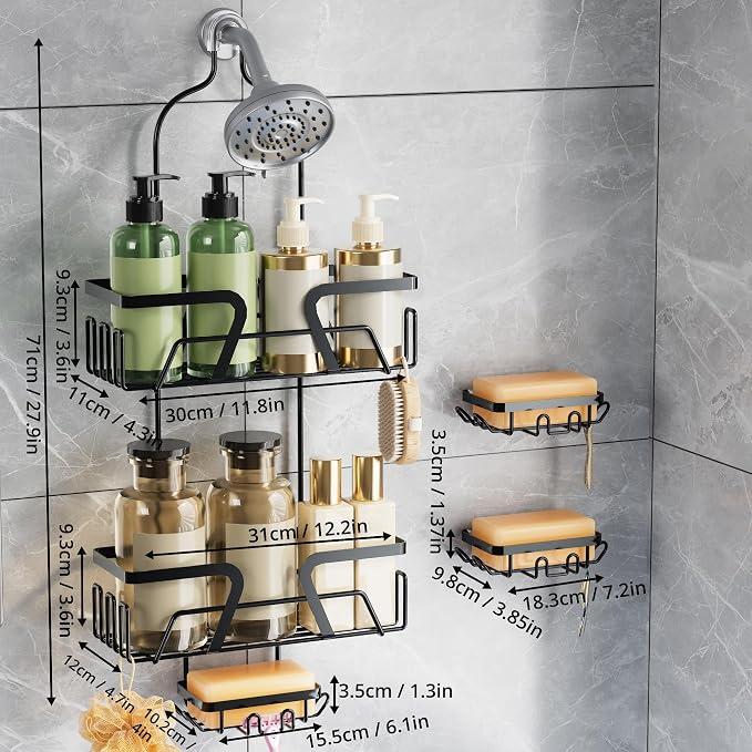 DAOYA Shower Organizer, No Drilling Over Shower Head Caddy with 2 Soap Dish, Rustproof Bathroom Storage Rack for Shampoo Conditioner Soap, Quick-Dry Drainage