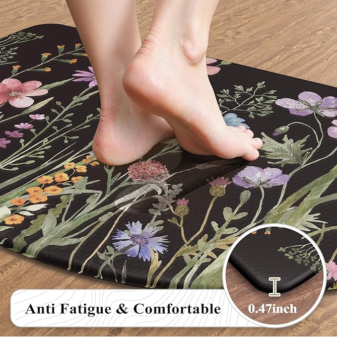 KIMODE Kitchen Mats Cushioned Anti Fatigue, 18"x28" Half Round Floral Kitchen Rug, Non Slip Waterproof Kitchen Floor Mats, Comfort Standing Mats for Laundry Office Sink Desk Black