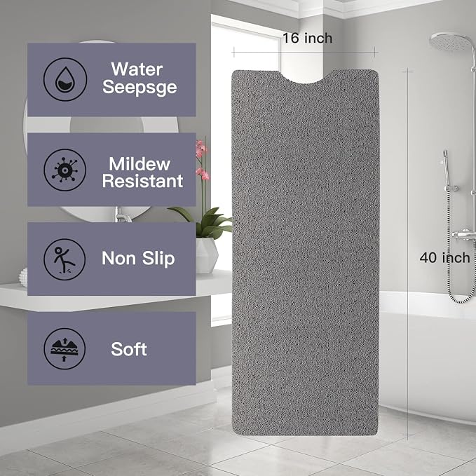 Bathtub Mat Non Slip Shower Mat Soft PVC Loofah Bath Tub Mats with Drain for Bathroom Tub 40 x 16 Inch (Grey)