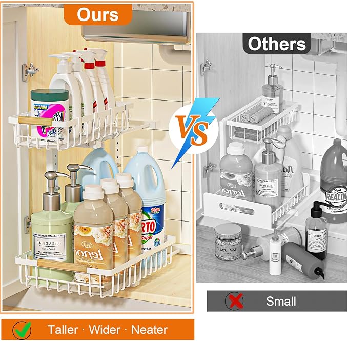REALINN Under Sink Organizer, 2 Pack Height Adjustable Under Sink Organizers and Storage, 2 Tier Pull Out Drawer Cabinet Storage for Kitchen Bathroom, White
