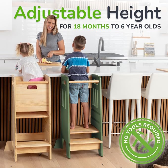 OCODILE Toddler Tower with a Sliding Door and 3 Adjustable Heights - Safe Toddler Kitchen Step Helper with Support Feet - Updated Design for 18+ Months to 6-Year-Old Kids - Green