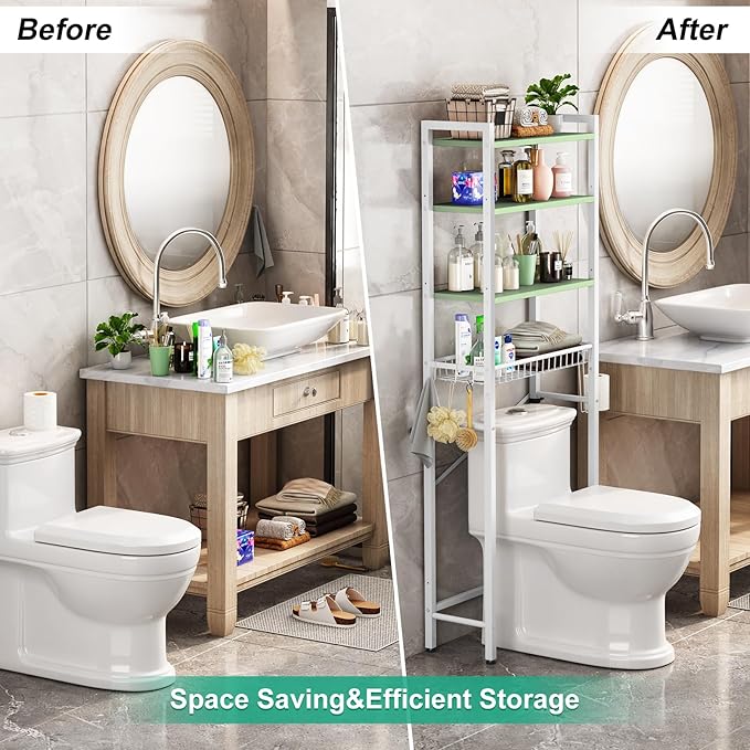 Kalrin Over-The-Toilet Storage Rack, 4-Tier Bathroom Organizer Shelf Over Toilet with Adjustable Shelf and Basket, Freestanding Space Saver Bathroom Shelves Above Toilet for Room (Avocado Green)