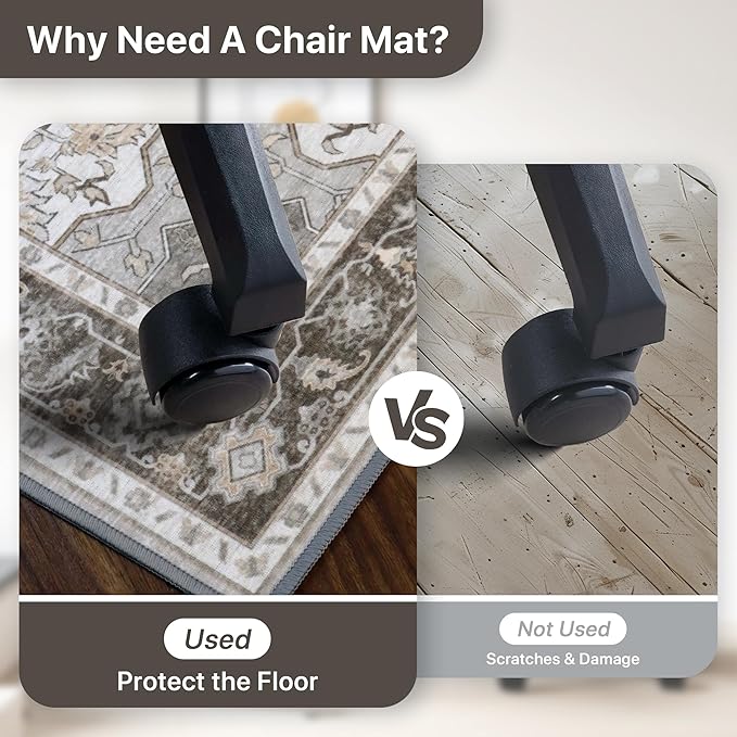48"x60" Office Chair Mat for Hardwood Tile Floor, Under Desk Carpet Protector for Rolling Computer Chair Mat, Machine Washable Area Rug, Anti-Slip 1/5" Thick Low Pile Thin Vinyl Floor Mat, Tawny Grey