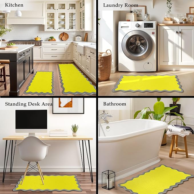 Arenarug Scalloped Yellow Gray Kitchen Mats Rugs Sets of 2 Cushioned Anti Fatigue Floor Mat Waterproof Kitchen Rugs Non Slip Foam Comfort Standing Mat for Sink Laundry