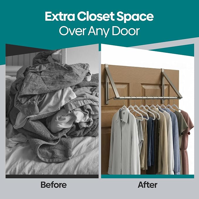 HOLDN’ STORAGE Over The Door Hanger - Foldable Rack Organizer for Hanging Clothes, Coats & Towels, Ideal for Dorm Rooms, Laundry, Bathrooms, Etc - Holds up to 35 LBs, Collapsible - Satin Nickel