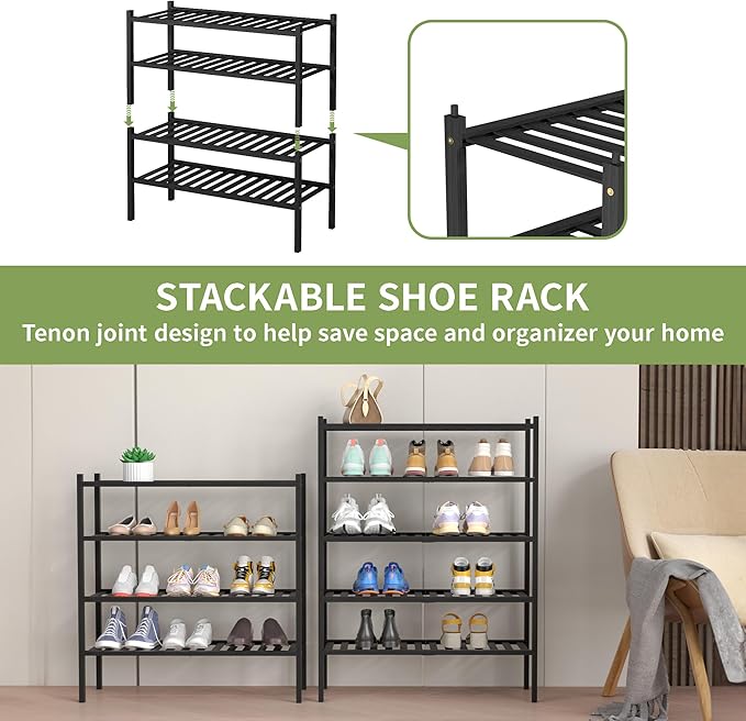 ROMGUAR CRAFT 4 Tier Bamboo Shoe Rack for Closet Free Standing Wood Shoe Shelf for Entryway Small Space Stackable 27"x11"x26" (Black)