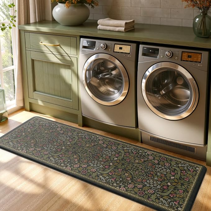 Collive Kitchen Mats for Floor, Cushioned Anti Fatigue Mat Green Floral Rugs Non Skid Waterproof Sink Rug, Memory Foam Comfort Standing Mat for Office, Laundry, Desk, 24''x71''