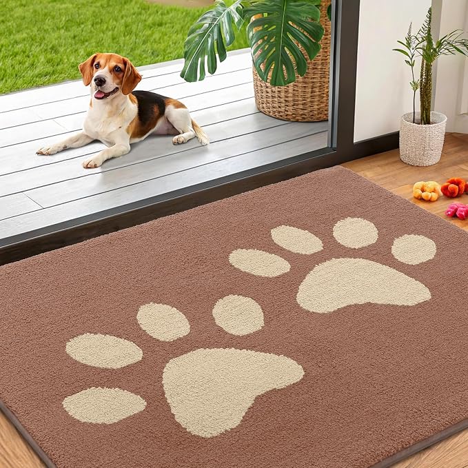 Smiry Dog Door Mat for Muddy Paws, Absorbs Moisture and Dirt, Low-Profile Entryway Mat with Non-Slip Backing, Entry Indoor Outdoor Doormat for Inside Floor (40x32 Inches, Camel, Paw)