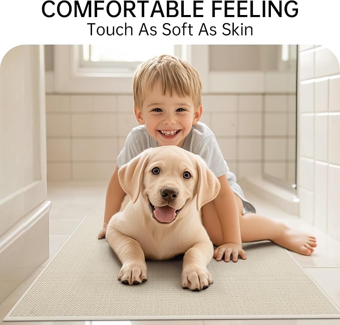 Mecko Bath Mat, Ultra Absorbent Quick Dry Bathroom Floor Mats-Upgraded Thin Cozy Cloth Bathroom Mat Fit Under Door, Rubber Non-Slip Bathroom Rug for Bathtub, Sink, Shower Room(Oatmeal,24"x48")