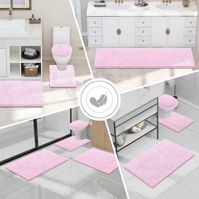 Smiry Luxury Chenille Bathroom Rugs 47x20, Extra Soft and Absorbent Shaggy Bath Mat, Machine Washable, Non-Slip Plush Carpet Runner for Tub, Shower, and Floor, Home Decor Accessories, Pink