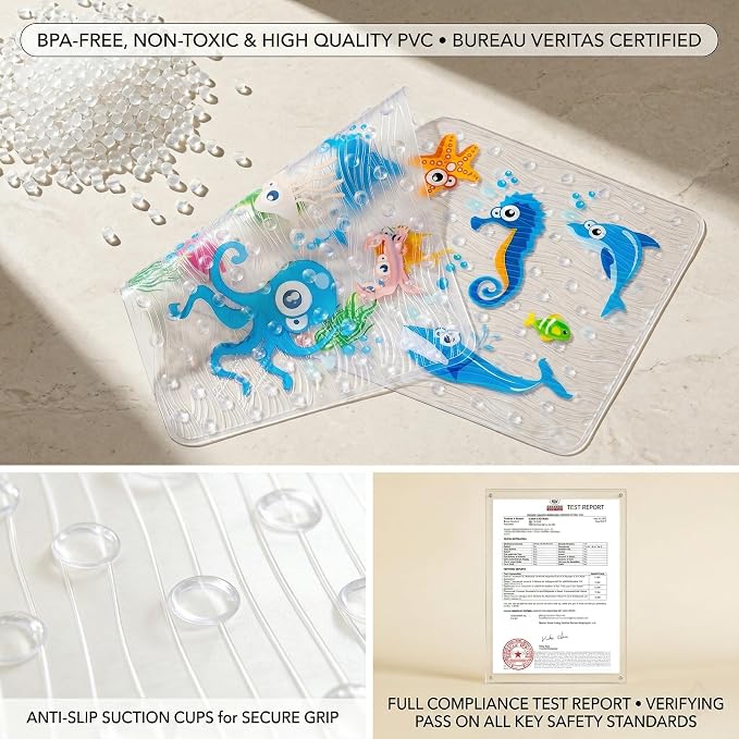 BEEHOMEE Bath Mats for Tub Kids,Baby Toddler - Large Cartoon Non-Slip Bathroom Bathtub Anti-Slip Shower Mats for Floor 35x15,Machine Washable XL Size Bathroom Mats (Blue-Octopus)