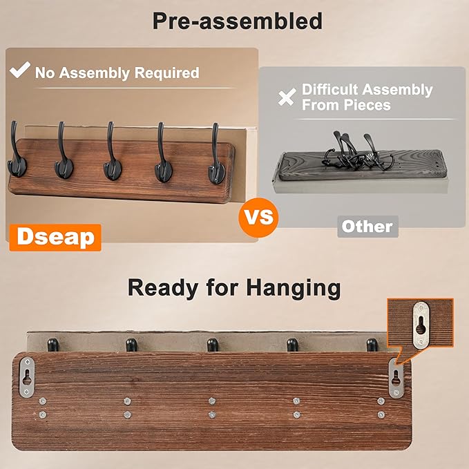 Dseap Wall Mounted Coat Rack: Patented, Heavy-Duty, 17.4" Long 5-Double-Hooks Wooden Hanger Rail for Winter Coats, Hat, Jacket, Clothing - Natural & Black