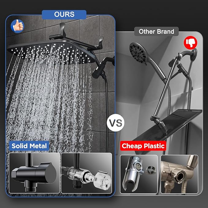Veken 11.8" Rain Shower Head with Handheld, High Pressure Handheld Shower Heads with Multi Spray Modes, Rainfall Combo with 15" Metal Extension Arm,Detachable Dual Shower, Long 6 ft. Hose,Matte Black