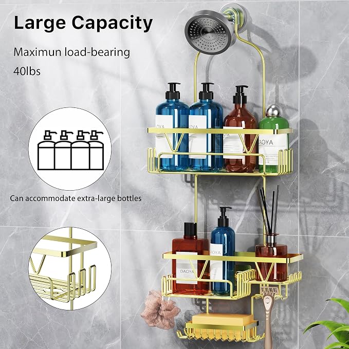 DAOYA Golden Stainless Steel Shower Caddy Hanging with 2-Tier Baskets, Soap Holder & Razor Holder - Non-Slip Rubber Pads for 0.82" Shower Heads, Enhanced Stability & Elegant V-Smile Design