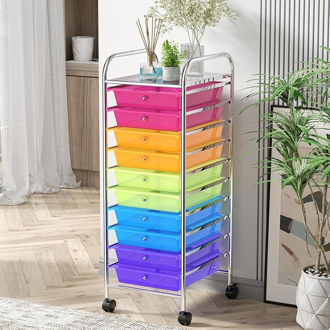 10-Drawer Rolling Storage Cart, Trolley w/Lockable 360° Wheels, 10 Removable PP Drawers, Sturdy Metal Frame, Rolling Utility Cart Perfect for Home, Office, Classroom (Rainbow)