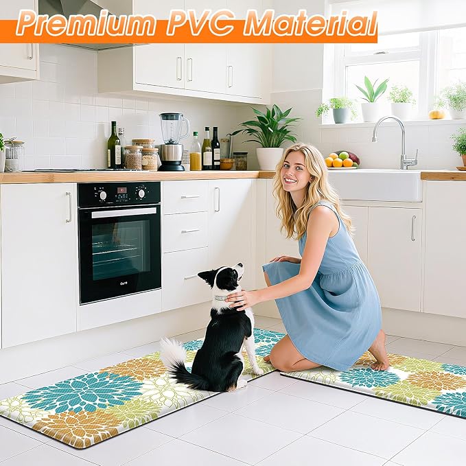 StepLively Kitchen Mats for Floor 2PCS, 0.47" Anti Fatigue Mats for Kitchen Floor, Kitchen Accessories for Sink, Office, Laundry, 17.3"×30"+17.3"×47", Yellow and Green