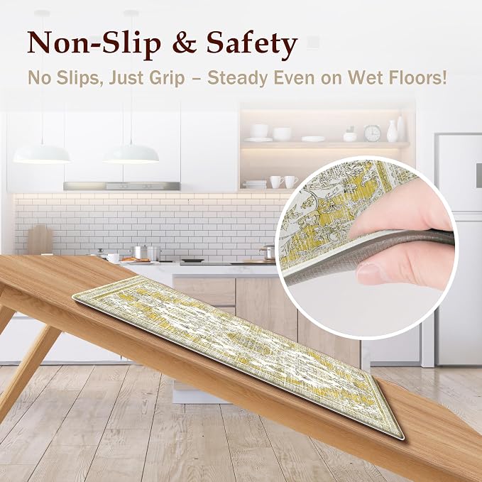 Boho Kitchen Mats for Floor 2 Piece Set Anti Fatigue Cushioned PVC Kitchen Rugs Non Slip Waterproof Farmhouse Mats 2/5 Inch Comfort Standing Mat for Office, Laundry, 17.3"x59"+17.3"x28", Yellow