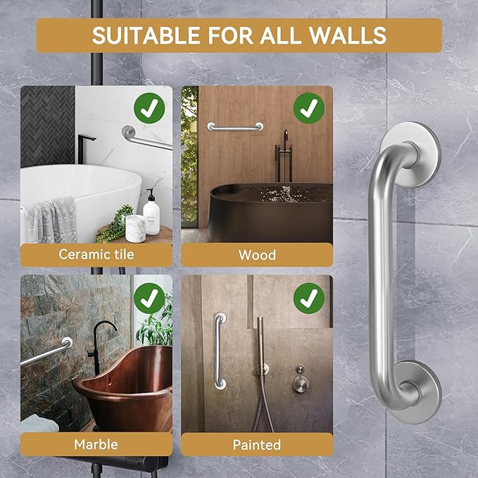 AmazerBath Shower Grab Bars for Seniors Anti Slip, Bath Safety Grab Bar for Needy, Stainless Steel Bathroom Safety Grab Bars, Thickened Bar Bigger Base Holds 500LBS, 12" L x 1.25" D, Brushed Nickel